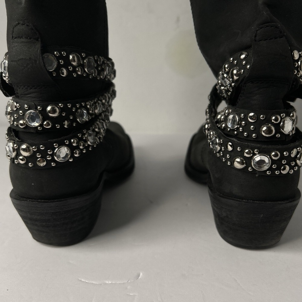 Sz 8 - ROCKET DOG Black Leather Silver Studded Rhinestone Buckle Biker Boots - Picture 6 of 15